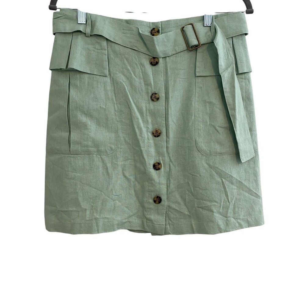 Nicole Miller Linen Button-Front Mini Skirt With Belt Pockets Sage Green XL NEW